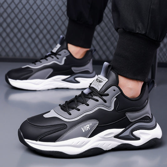 Men's Stylish Color-Block Sneakers - Black & Gray with White Accents, Comfortable All-Day Wear, Durable Rubber Sole, Lace-Up Design, Trendy Low-Top Style for Casual or Athletic Use, Casual Sneakers | Fashion Sneakers | Pu Mat