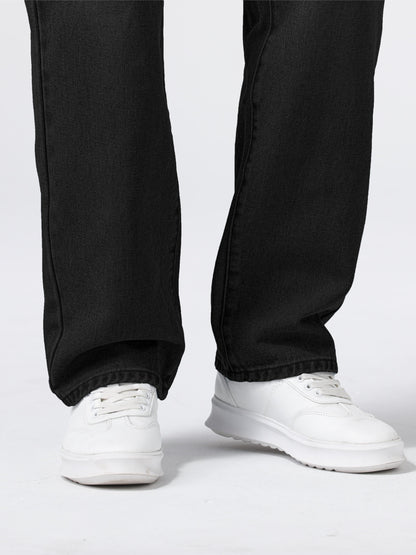Men'S Loose Fit Straight Leg Jeans, Cotton 85% Polyester 15% Denim, Washed Solid Color Casual Style