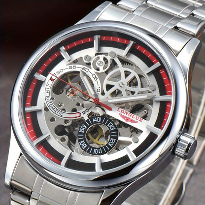 Men's Business Leisure Automatic Mechanical Watch, Stainless Steel with Blue Accents, Transparent Back, Date Display, Water-Resistant up to 10m, Ideal Gift, Business Watch | Mechanical Aesthetic | Stainless Steel Band