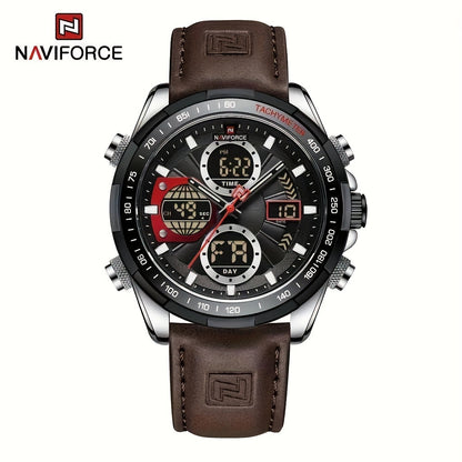 NAVIFORCE Men's Luxury Sports Quartz Watch - Waterproof, Genuine Leather Strap, Dual Display with Date & Chronograph Functions, Case, Green Accents, Luxury Timepiece|Tachymeter Equipped|Genuine Leather Band Valentine's Day