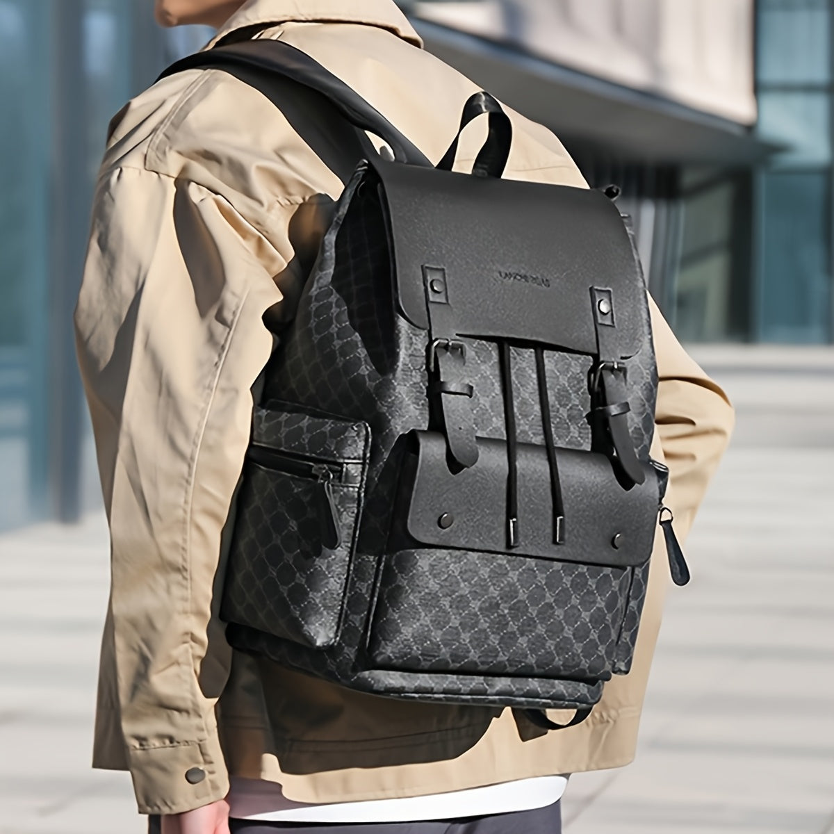 Men's Retro Geometric Print Drawstring Backpack - Casual British Style Durable Fabric with Multiple Compartments & Padded Straps for Daily Commute, Work, Travel, Backpack for Travel, Modern Logo Design, Highquality Straps, Ur