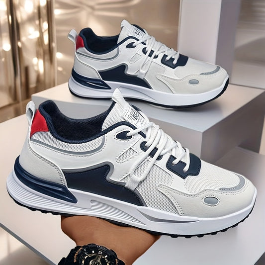 Men's Plus Size Breathable Mesh Casual Sneakers - Low-Top Lace-Up Walking Shoes with Cushioned PVC Sole, All-Season Outdoor & Daily Wear in White/Navy/Red Accents, Outdoor Footwear | Modern Sneakers | Durable Fabric Shoes