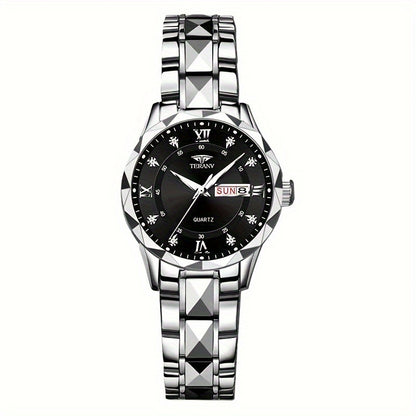 1pc Women's Stainless Steel Watch with Luminous Blue Dial, Date & Day Display, High Quality IPX7, Quartz Movement - Casual Elegant Design for Sports & Travel, Birthday Holiday Gift, Casual Attire, Secure Clasp Wristwatch
