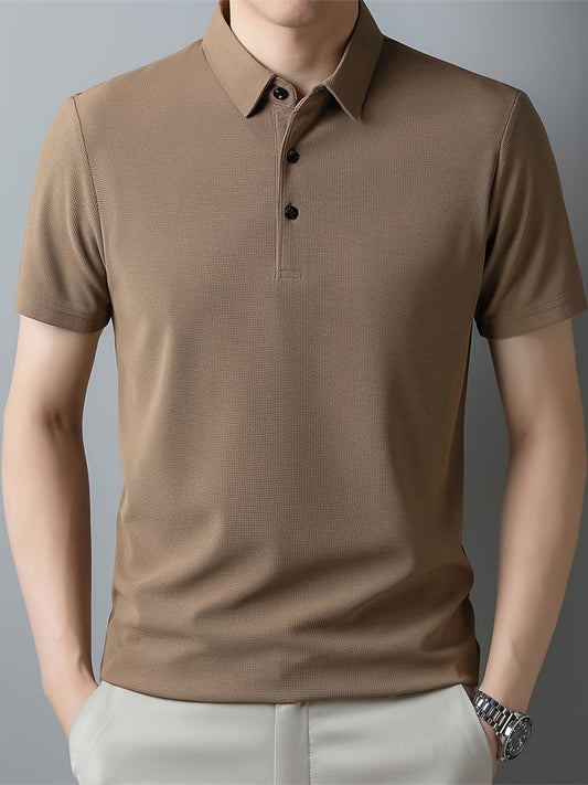 Men's Solid Short Sleeve And Lapel Collar Henley Shirt, Casual And Comfy Sports Tops For Summer Golf Wear And Outdoors Activities