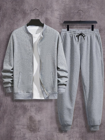 Men'S Casual Polyester Sweatsuit Set with Baseball Collar and Slight Stretch - Solid Color Long Sleeve Knit Fabric Track Suit for Fall/Winter