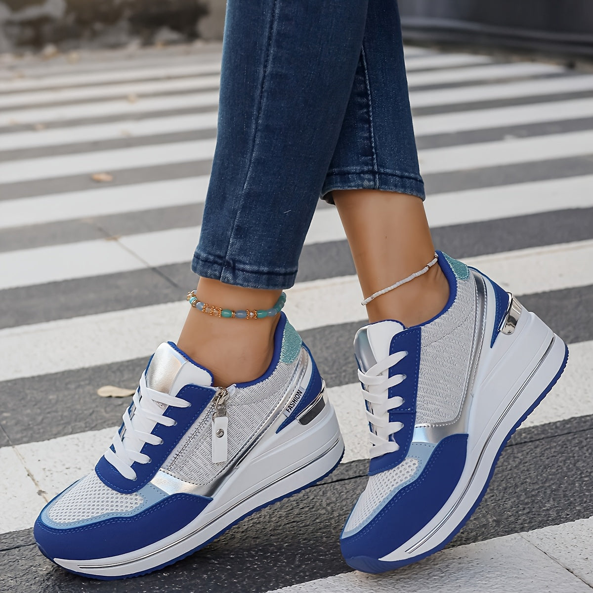 Women'S Fashionable Atmospheric Casual Shoes, Thickened Heightened Non-Slip Anti-Slippery Durable, Blue, with Stabilizing Support, Mesh Fabric Upper, Man Made Materials (Polyurethane) Upper, Fabric Inner, PVC Sole, Fabric Ins