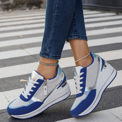 Women'S Fashionable Atmospheric Casual Shoes, Thickened Heightened Non-Slip Anti-Slippery Durable, Blue, with Stabilizing Support, Mesh Fabric Upper, Man Made Materials (Polyurethane) Upper, Fabric Inner, PVC Sole, Fabric Ins