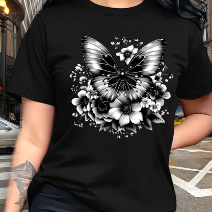 Circle Chic Butterfly Print T-Shirt - Exquisite Design, Casual Round Neck Top - Breathable and Lightweight, Perfect for Spring/Summer Wardrobe