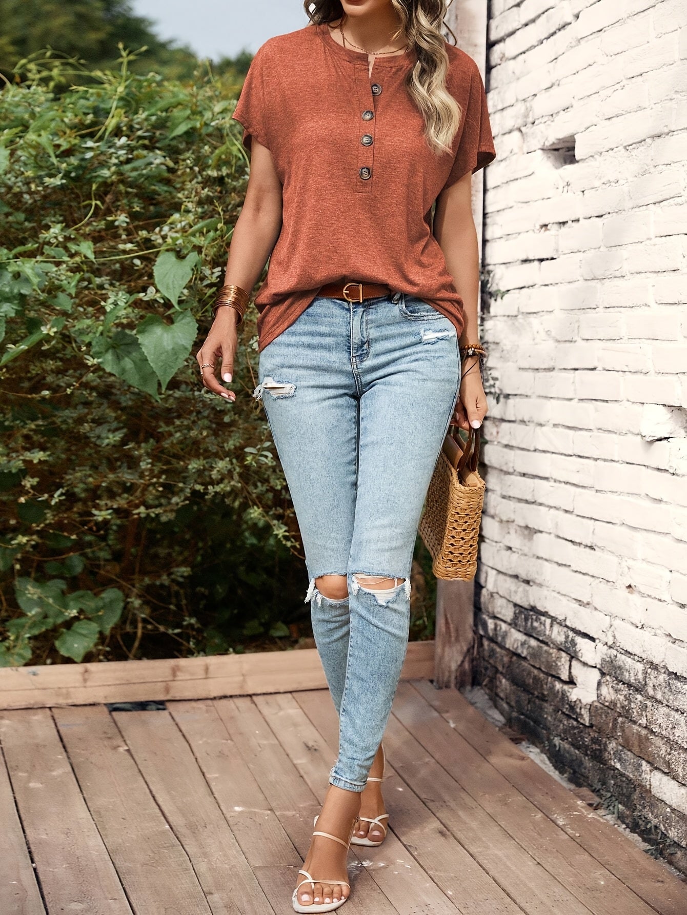 Elegant Women's Light Blue Summer T-Shirt - Chic Button Detail, Short Sleeve, Crew Neck, Polyester Blend, Machine Washable, with Smooth Texture - Perfect for Casual or Dressy Occasions