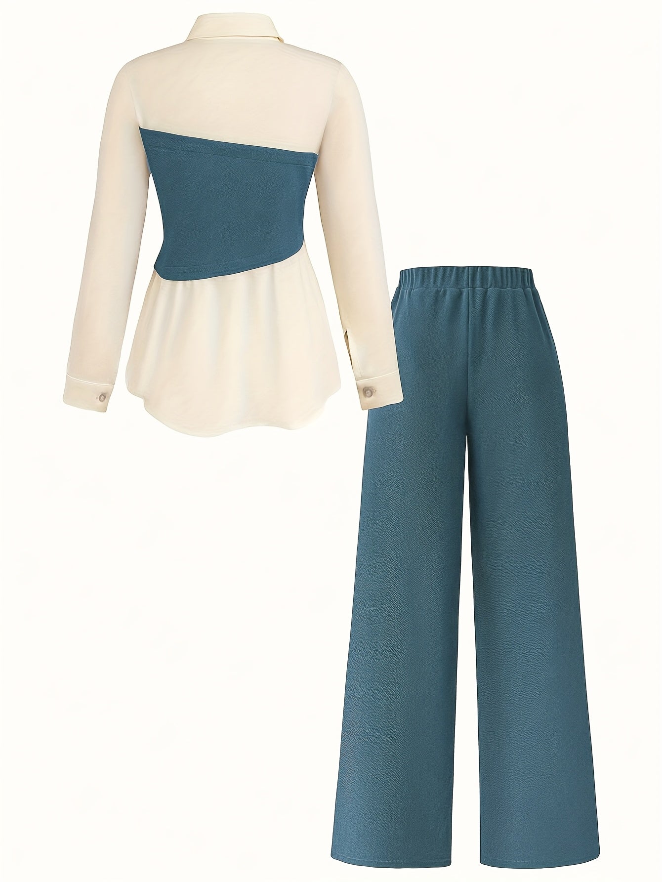 Elegant daily commuting two-piece set for ladies, featuring a color-blocked and pieced-together shirt and wide-leg trousers, suitable for all four seasons and machine washable.