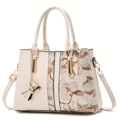 Elegant Floral Print Women's Handbag - Chic Colorblock Handbag with Zip Closure, Durable PU Material