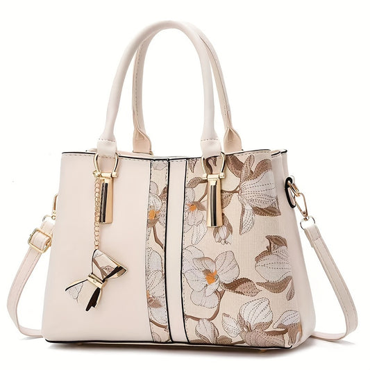 Elegant Floral Print Women's Handbag - Chic Colorblock Handbag with Zip Closure, Durable PU Material