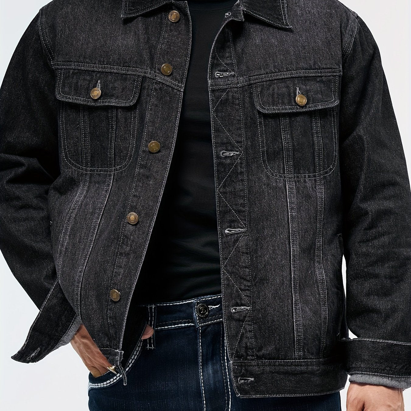 Men's Stylish Denim Jacket - Casual Long Sleeve with Flap Pockets, Machine Washable