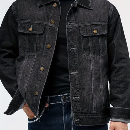 Men's Stylish Denim Jacket - Casual Long Sleeve with Flap Pockets, Machine Washable