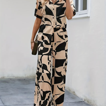 Geometric print button- short-sleeved shirt and wide-leg pants, a new set of elegant shirts for spring and summer