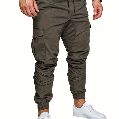 Men'S Casual Cargo Pants, 95% Cotton 5% Spandex, Skinny Fit, Solid Color, Long Length, Woven Fabric, Non-Stretch, with Pockets, 215g/m² Weight