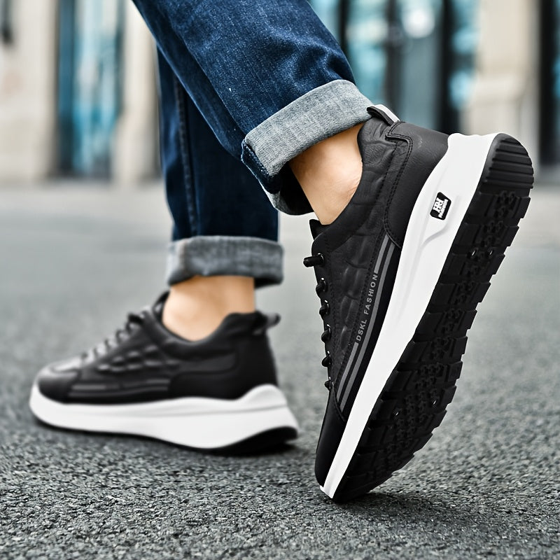Men's Breathable Casual Sneakers - Comfortable, Versatile & Stylish Shoes for Running, Sports & Casual Attire, Black with White Accents, PU Upper & PVC Sole, Round Toe, Lace-Up Design, All-Season Use