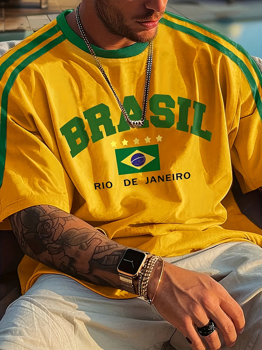 Men'S Casual Short-Sleeve T-Shirt with 3D Digital Printing, Round Neck, Brazilian Style, Made of Slightly Stretchy Polyester Knit Fabric, Suitable for Summer Outdoor Activities And Everyday Wear.