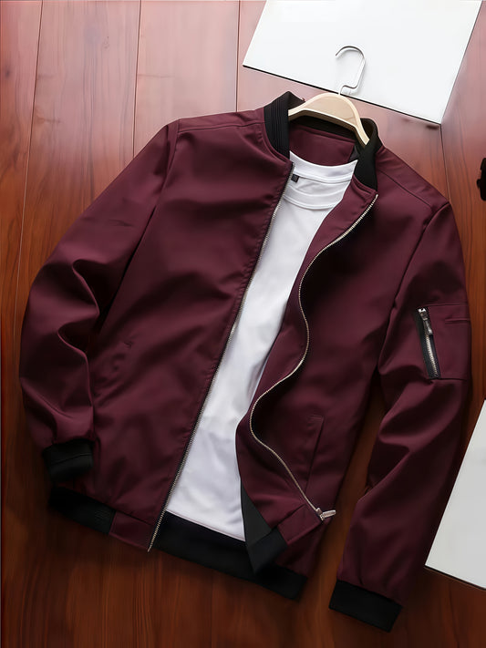 Men'S Casual Bomber Jacket - Maroon Zip-Up Baseball Coat with Black Trim, Long Sleeves, and Front Pockets for Casual Attire, Casual Outerwear | Stylish Casual Jacket | Polyester Lining