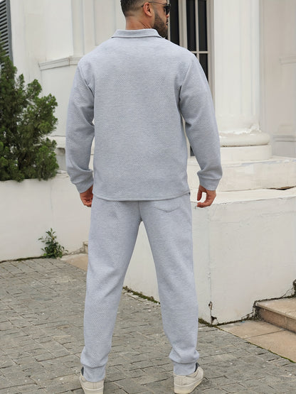 Men's Casual Sportswear Set - Long Sleeve Button-Up Shirt & Joggers, Stretch Fabric, Spring/Fall Collection
