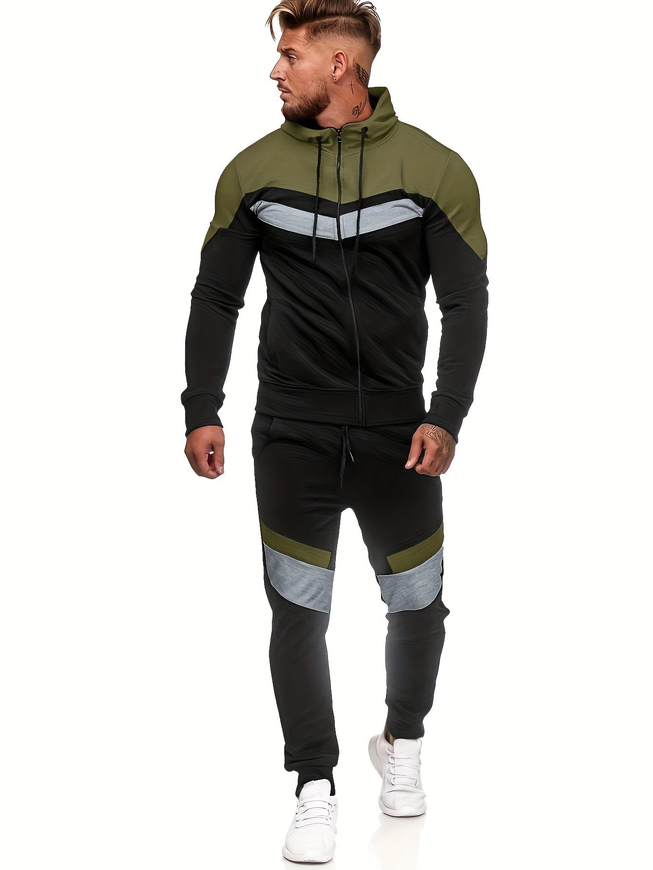 Men'S Autumn and Winter Fleece Sweatshirt Set with Hooded Drawstring Patchwork Sweatpants Casual Sporty Style Long Sleeve Jacket
