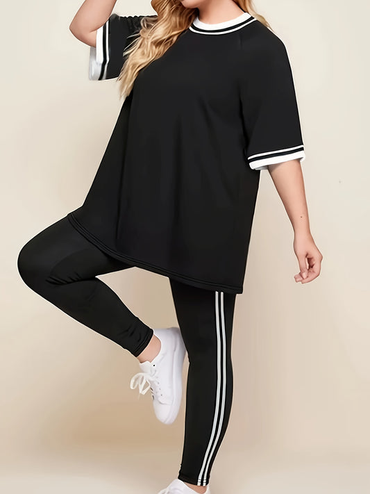 Women'S Plus Size Casual Lounge Set - Gray & White Striped Oversized T-Shirt with Matching Joggers, Comfortable All-Season Home Outfit, Joggers for Women