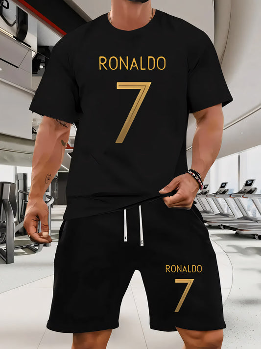 Ronaldo 7 Print Men'S Short Sleeve T-Shirt and Waistband Shorts 2pcs Casual Sports Regular Top & Bottom Set, Suitable for Spring/Summer