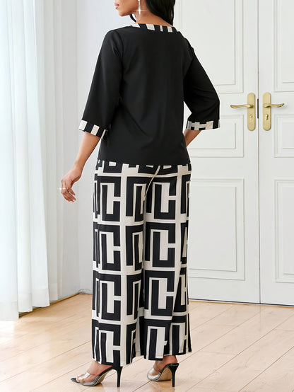 Women's Elegant Spliced Round Neck Top + Geometric Print Wide-Leg Pants Two-Piece Set