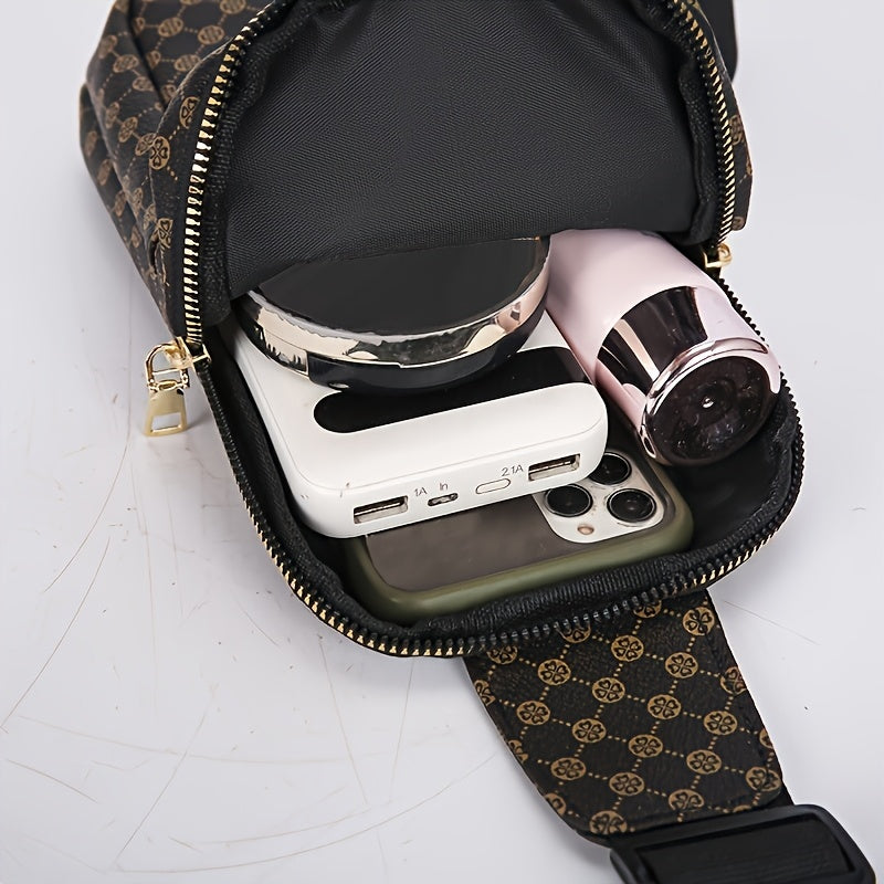 Men'S Classic Black PU Crossbody Bag with Geometric Pattern, Key Holder, Zipper Closure, Polyester Lining, Urban Style, Commuter Bag|Geometric Pattern Bag|Zippered Closure Bag