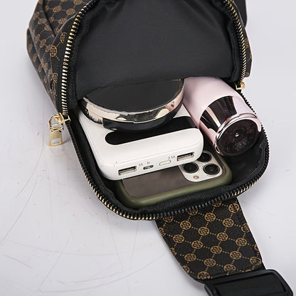 Men'S Classic Black PU Crossbody Bag with Geometric Pattern, Key Holder, Zipper Closure, Polyester Lining, Urban Style, Commuter Bag|Geometric Pattern Bag|Zippered Closure Bag