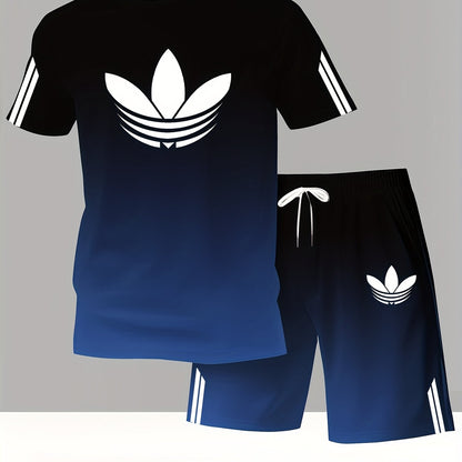 ADIDA Letter Set Short Sleeve + Shorts Two-Piece Men's Fashion Casual Round Neck T-Shirt Outfit, European Style Trendy Short Sleeve Set