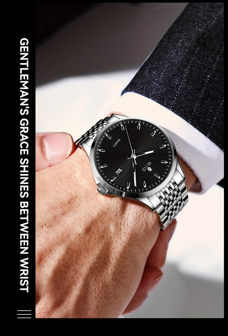RUIGE Men's Sleek Quartz Watch - Stainless Steel Band, Simple Design with Date Display & Night Light Feature, Casual Wristwatch for Casual Attire
