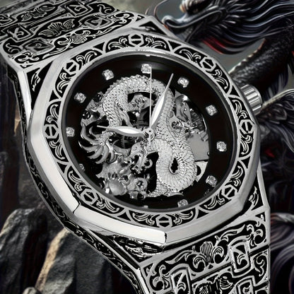 1pc Youth Men's Yellow Steel Strap Business Style Elegant Glow-in-the-Dark Carved Dragon Mechanical Watch