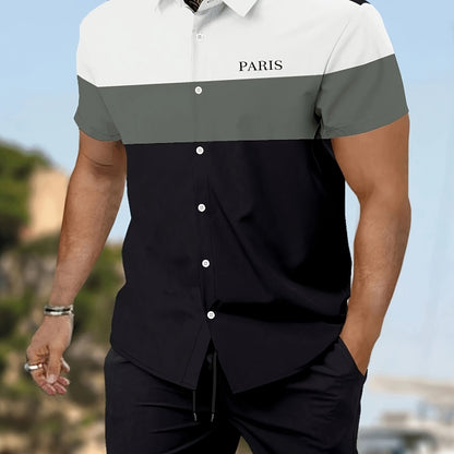 Men'S Letter Color Block Short Sleeve Shirt Shorts Casual Suit 2pcs Set