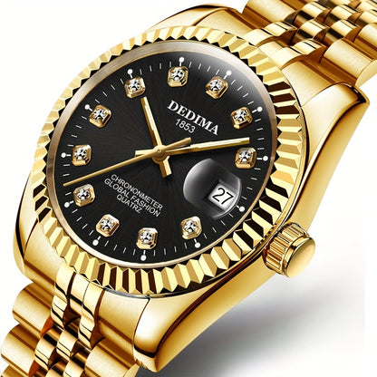 DEDIMA Elegant Stainless Steel Band Calendar Watch, Quartz Movement, Round Dial with Rhinestones, Battery-Powered, Non-Rechargeable Button Battery, Regular Cleaning, for Men, Women, Students, Christmas, Valentine'S Day, Thank