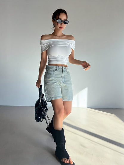 Chic Comfort| Elegant Women's Light Pink Off-Shoulder Ruched Crop Top - Slim Fit, Solid Color, Polyester & Elastane Blend, Machine Washable for Summer, Casual Wear|Chic Offshoulder Top|Delicate Texture