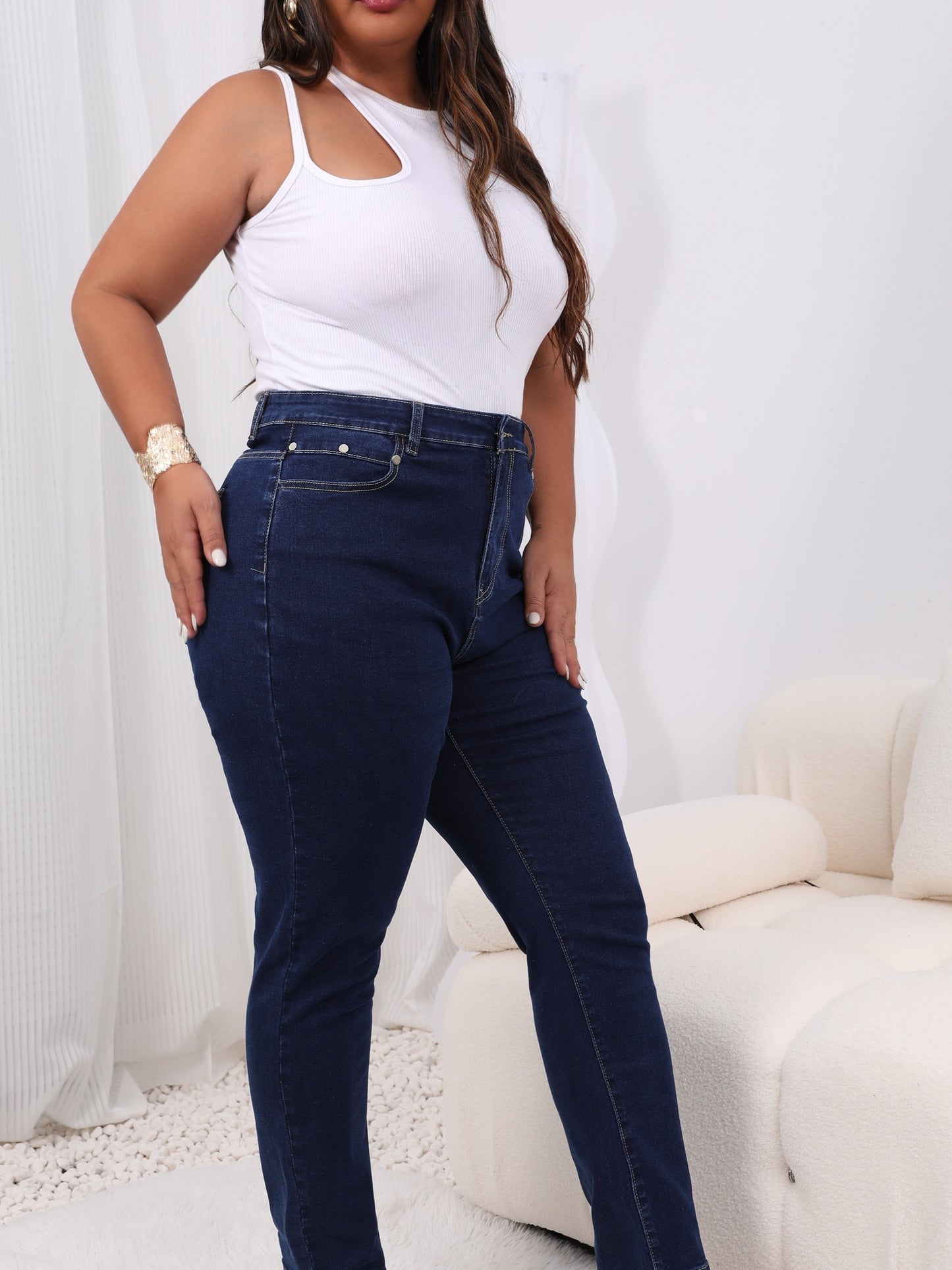 Plus Size Casual Jeans, Women's Plus Solid Button Fly High Rise High Stretch Jeans