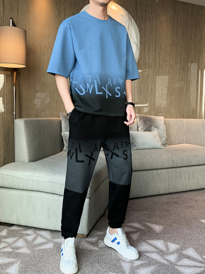 Men's Summer Casual Cotton Blend Outfit Set - Gradient Color Short Sleeve T-Shirt & Stylish Drawstring Shorts, Machine Washable