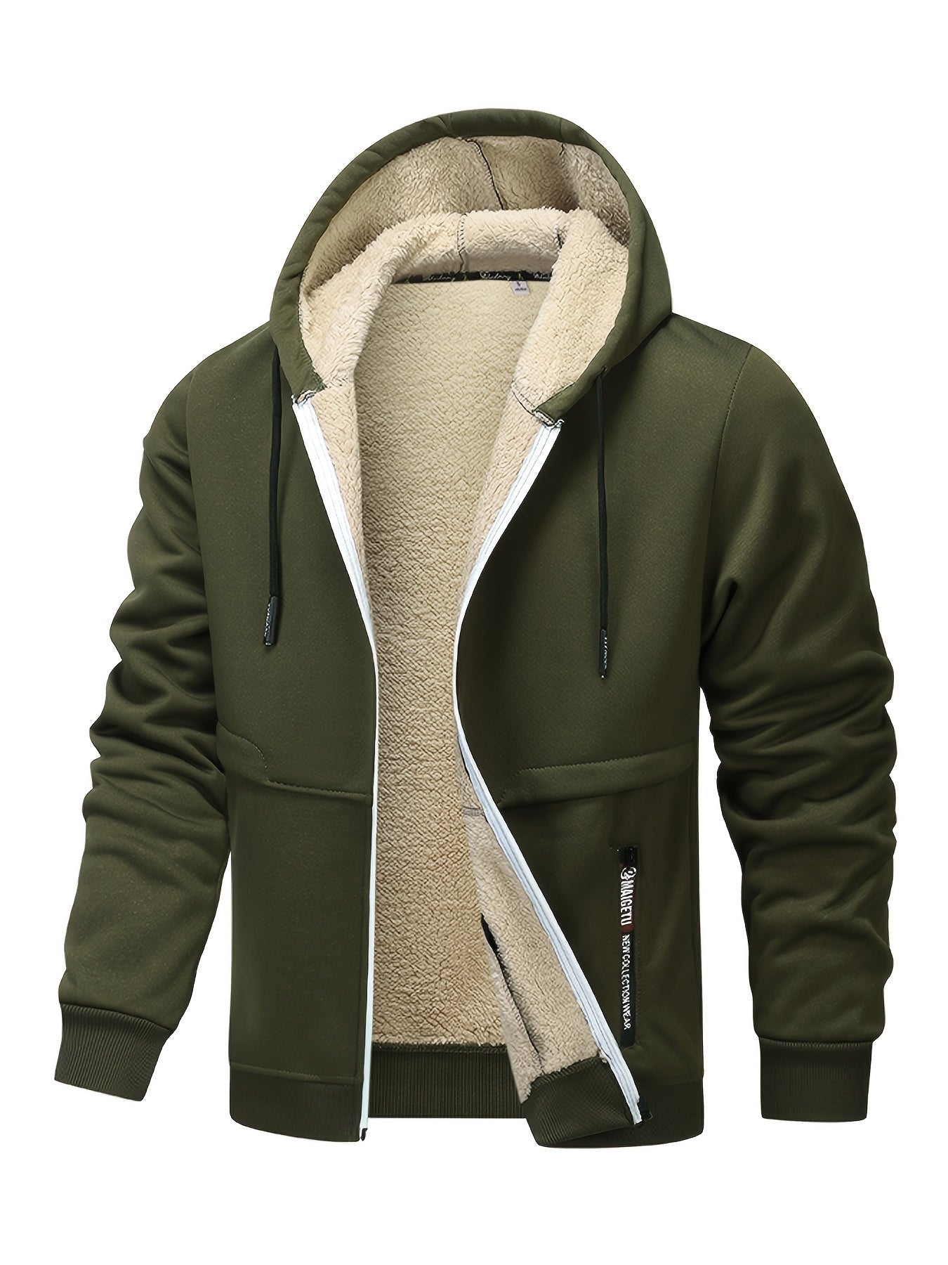 1pc Men'S Casual Style Hooded Jacket, Thick Fleece Lined, Warm Autumn/Winter Fashion, Solid Color, Polyester Knit with Pockets, Regular Fit