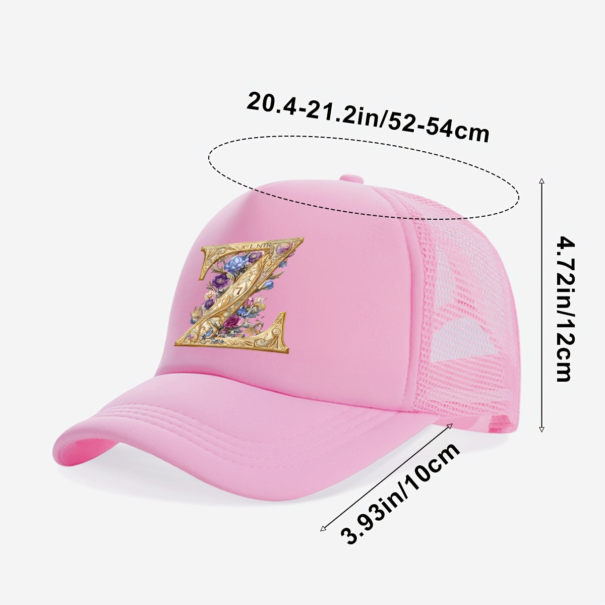 1-Pack Youngsters Trucker Hat with Golden Floral Letter A Design - Breathable Sun Protection, 100% Polyester, Adjustable Snap Closure, Pink for Spring/Summer Outdoor Play, Back to School, Thanksgiving, Teacher's Day (Ages 3-1