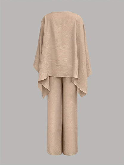 Women'S Holiday Casual Elegant Waist-Cinched Batwing Sleeve Loose Set - Solid Color, All-Season, Allseason Attire|Casual Elegance|Waist Cinching