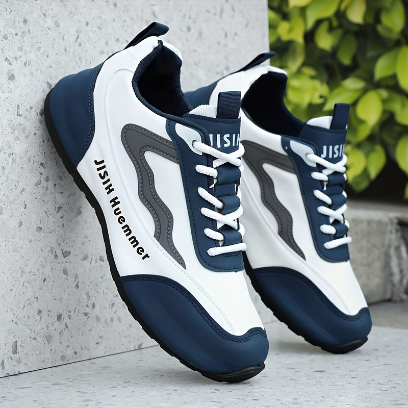 Men's Breathable Color-Block Low-Top Running Shoes - White & Navy Blue Contrast Design, Durable PU Upper & PVC Sole, All-Season Non-Slip Traction for Gym, Jogging, Casual Wear, Jogging Footwear | Sporty Look | Fabric Lined In