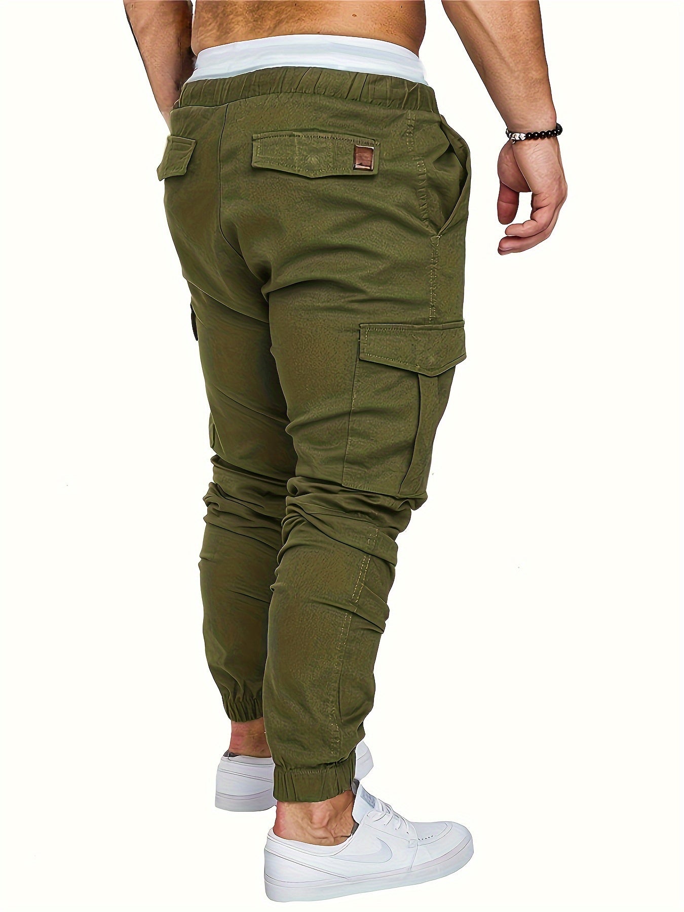 Men'S Casual Cargo Pants, 95% Cotton 5% Spandex, Skinny Fit, Solid Color, Long Length, Woven Fabric, Non-Stretch, with Pockets, 215g/m² Weight