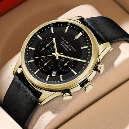 HANNAH MARTIN Men's 2025 Business Chronograph Watch - Black Arabic Numeral & Bar Markers, Date/Second Time Zone, Quartz Movement, Faux Leather Strap, High Quality 30m, Casual & Formal Watch for Casual Attire, Versatile Timepi