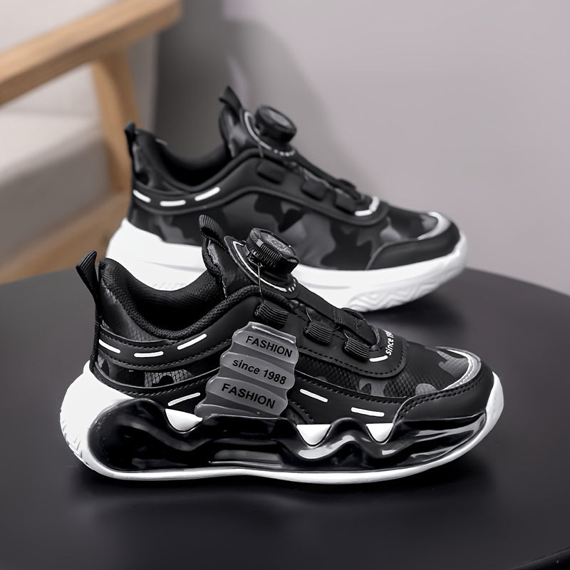 Boys' Striped Sneakers with Rotating Buckle - Casual Running Shoes for Youngsters, Breathable PU & Fabric Lining, Non-Slip EVA Sole