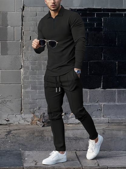 2025 collar half zipper long sleeved two-piece set, collar zipper allows for free breathing, casual pants to wear, knitted fabric is softer, multi color and multi style, Men's solid color is simple and not simple.
