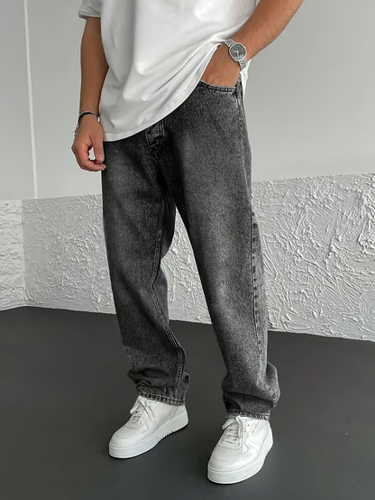 Men'S Loose-Fit Jeans, Cotton Blend Street Style Denim Pants, Non-Stretch Solid Color, Regular Length, with Multiple Pockets for All-Season Wear