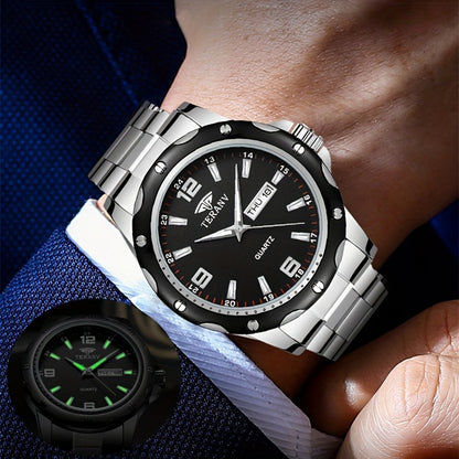 Elegant Men's Stainless Steel Quartz Watch - IPX7 High Quality, Luminous Hands, Date & Day Display, Business Casual Sporty Design for Everyday & Water Activities, Versatile Wristwatch, Sleek Strap Design, Glowing Markers