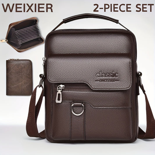 WEIXIER Men'S Set Shoulder Bag, Unisex Waist Postman Bag, Crossbody Chest Bag, Handbag, PU Fabric Multi-pocket, with Card Holder Wallet, Adjustable Detachable Shoulder Strap, Casual Commuting Bag Retro Business Texture Men'S