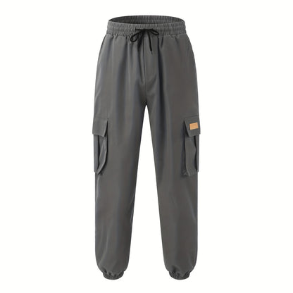 Men'S Fashion Cargo Pants, 100% Polyester Woven Fabric, All-Season Loose Fit with Drawstring Waist, Multi-Pocket Design, Solid Color, Mid Waist, Regular Length, Non-Stretch, Casual Joggers for Weekend - 160g/m²